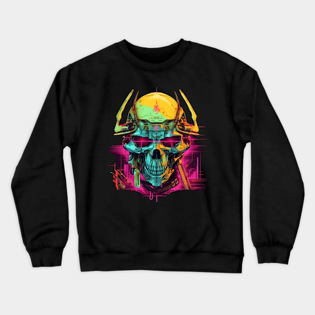 Cyberpunk Neon Samurai Skull Crewneck Sweatshirt by TooplesArt